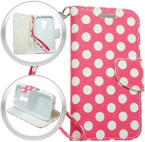 LG Magna 502G Volt 2 LS751 Wallet Hybrid Credit Card Premium Faux Leather Folio Clutch Pouch Stand Case Cover - identification &amp; Credit Card Pockets Flip Cover By Tunz (Pink White Polka Dots)
