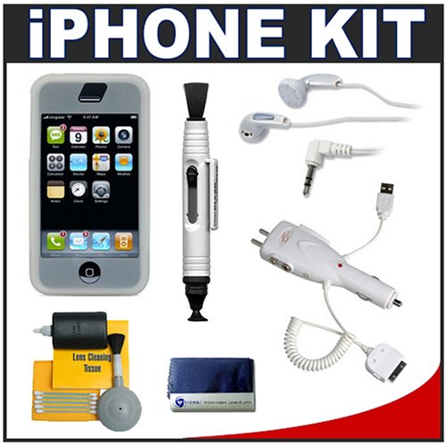 CTA Skin Case (White) + CTA Multifunctional 4 Way Home & Car Charger + CTA Earbud Headphones + Accessory Kit for Apple iPhone