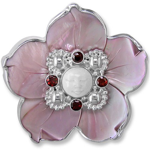 Sterling Silver Pink Mother-of-Pearl Flower and Bone Goddess w/ Garnet Pin/Pendant by Sajen
