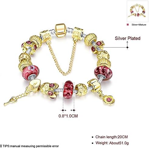 Vikis Fashion Women Gold Plated Beaded Charms Friendship Bracelets with Flowers Pendant,7.8inch/20cm
