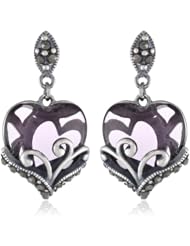 Sterling Silver Oxidized Marcasite and Gemstone Colored Glass Filigree Heart Drop Earrings