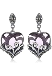 Sterling Silver Oxidized Marcasite and Gemstone Colored Glass Filigree Heart Drop Earrings