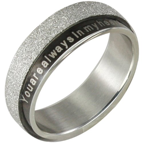 Stainless Steel Black and Sparkle Silver You are always in my heart 6mm Band Ring - Men
