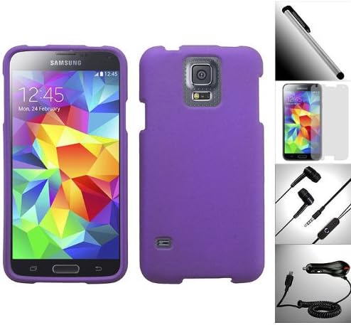 5 in 1 Value Pack for Samsung Galaxy S5 (2014 Edition) - 1 Purple Pure Solid Color Design Snap-On Hard Case + 1 Silver Garnet House Stylus Touch Screen Pen + 1 Random Color Handsfree Headset 3.5MM Stereo Earphone + 1 Car charger & Bonus 1 Free Screen Protector
