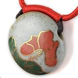 Painted Blush Red And Green Lotus With Fine Gold Detail - Cherry Red Woven Accents - Gray Musk Hand Made Thick Round Ceramic Pendant - Dark Brown Adjustable Necklace