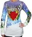 CHRISTIAN AUDIGIER Ed Hardy Womens Platinum Rhinestone Tattoo Long Sleeve Shirt T-Shirt Tee Top Blue