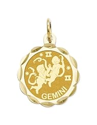 14k Yellow Gold Satin Polished Engravable Gemini Zodiac Scalloped Disc Pendant