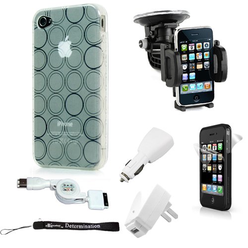 White TPU Flexi Skin Cover for Apple iPhone 4 / 4th Generation compatible with 16GB / 32GB + 4-inch eBigValue (TM) Determination Hand Strap Key Chain + Includes a Rotadable GPS / Cell Phone Car Windshield Mount compatible for your iPhone 4 + Includes a Trave Accessorie Charge Kit; Home and Wall charger with a Retractable USB Sync Cable