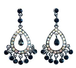 Earrings - E67 - Crystal Oval Chandelier ~ Clear AB and Black