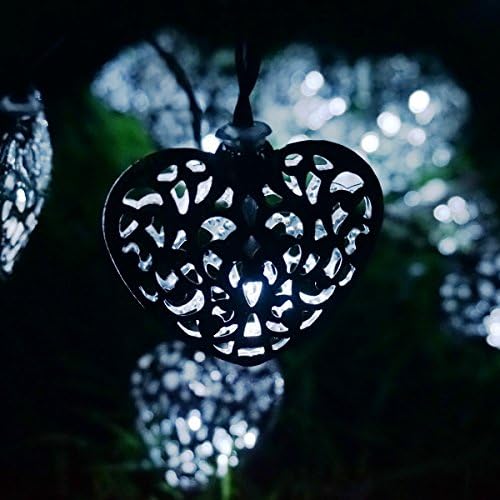 LED SopoTek white Solar Powered String Lights 20LED 4.8Meters iron heart-shaped for Outdoor Garden Fence Patio Christmas Party Wedding Decoration Waterproof (20LED Cool white)