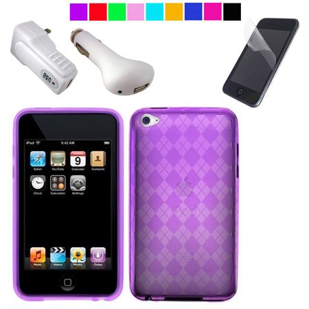 Attractive Silicone Skin for Apple iPod Touch 4th Generation with Clear Screen Protector for 4th gen ipod + USB Car and Wall Charger for itouch 4G (Purple)