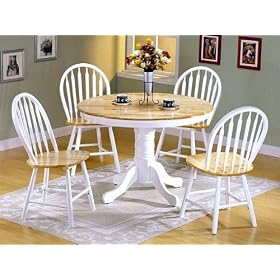 5pc White Natural Wood Round Dining Table +4 Windsor Chairs Set by