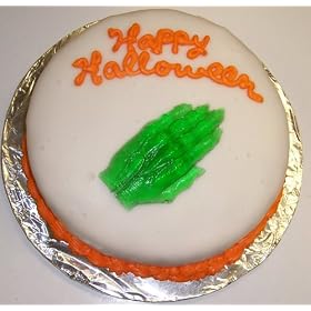 Chocolate Decorated Cake Single Layer 8" Round Topped with Gummie Witch Hand Orange Trim