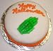 Gourmet Food : Chocolate Chip Decorated Cake Single Layer 8" Round Topped with Gummie Witch Hand Orange Trim
