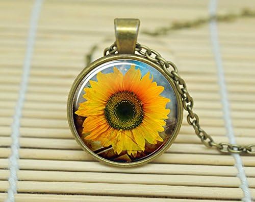 Sunflower Necklace Botanical Jewelry Flower Pendant Glass Cabochon Necklace A0399