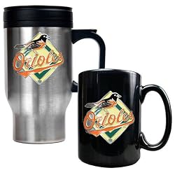 Baltimore Orioles MLB Stainless Steel Travel Mug & Black Ceramic Mug Set - Primary Logo by Great American Products