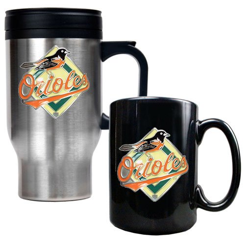 Baltimore Orioles MLB Stainless Steel Travel Mug & Black Ceramic Mug Set - Primary Logo