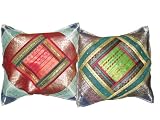 2 Red Green Cream Vintage Silk Sari Toss Pillow Cushion Covers
