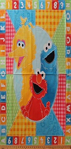 36in x 44in Panel Sesame Street Elmo Cookie Monster Big Bird Oval Frame Alphabet Number Border Cotton Fabric Panel (1068-21967-mul1)