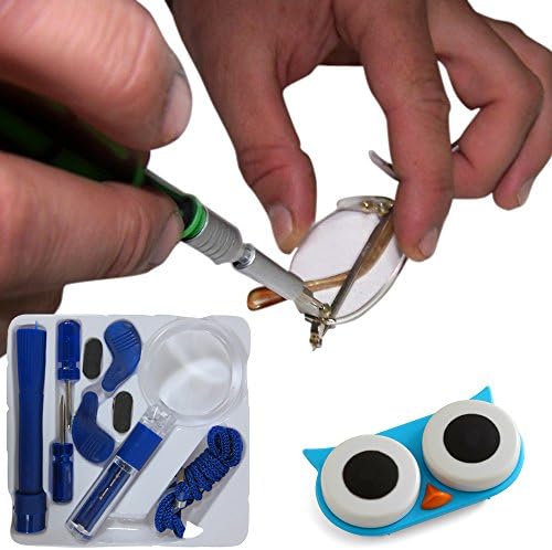 15 Piece EyeGlass Repair Kit in Black or Navy Plus Adorable Owl Eyes Contact Lens Case