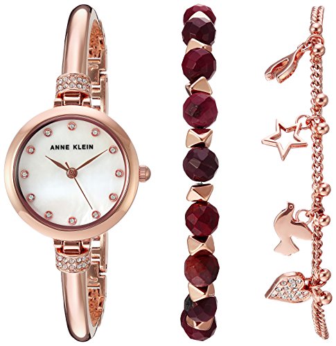 Anne Klein Women s AK/2840RJAS Swarovski Crystal Accented Rose Gold-Tone Bangle Watch and Red Jasper Beaded Bracelet Set