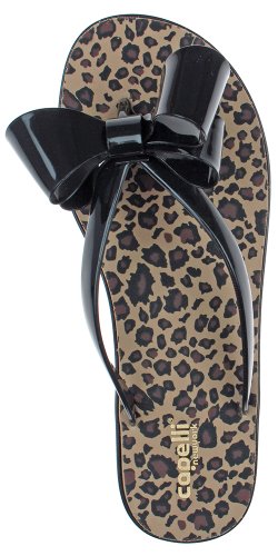 Capelli New York Jelly Bow & Thong Ladies Flip Flop On A Leopard Print Sock