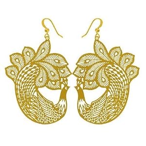 Lavishy Diamond Cut Agra Filigree Peacock Outline Design Lightweight Dangle Charm Earrings Gold Tone
