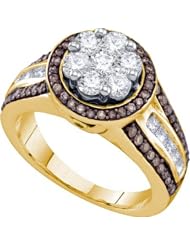 1.39 Carat (ctw) 10K Yellow Gold Round & Princess Cognac And White Diamond Ladies Cocktail Right Hand Fashion Ring