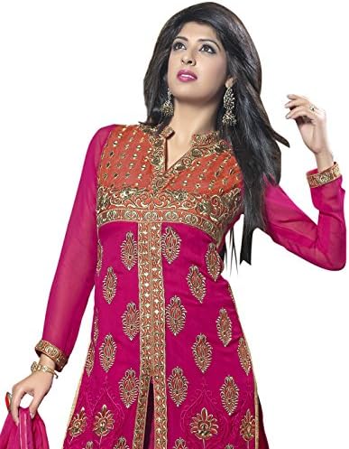 G Tex Inc Women's Designer Embroidered Georgette Semi Stitched Salwar Suit Free Size Pink