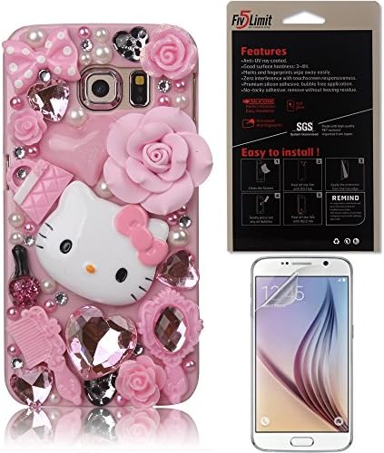 Galaxy S6 Bling Case, FiveLimit(TM) 3D Handmade Luxury Rhinestone Crystal Galaxy S6 SM-G9200 Case Pearl Pink Hello Kitty Flower Diamond Case Cover (Package includes: 1 X Screen Protector) (Pink Fairy Kitty)