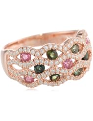 Rose Rhodium Plated Sterling Silver Pink and Green Tourmaline and Cubic Zirconia Ring, Size 7