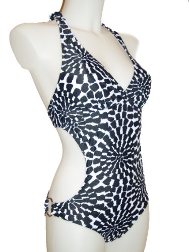 Womens Mw Monokini Swimsuit, One Piece/two Piece Swimwear, Sexy, Ring Sides, Black/white Geo Print