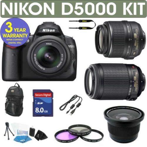 Nikon D5000 Digital Camera + Nikon 18-55mm VR Lens + Nikon 55-200mm VR Lens + .40x Wide Angle Fisheye Lens + 8GB Memory + 3 Year Celltime Warranty