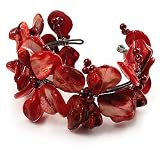 Coral Red Floral Shell & Pearl Cuff Bracelet (Silver Tone)