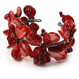 Coral Red Floral Shell & Pearl Cuff Bracelet (Silver Tone)