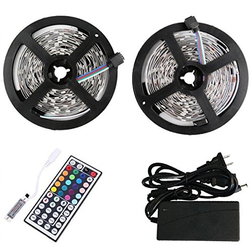 BMOUO 2 Reels 12V 32.8ft RGB LED Strip Lights Kit, Multi-colored, SMD5050 300 LEDs Flexible , LED Strip Kit & MINI 44-key IR Controller + 12V 5A Power Supply, Adhesive Light Strips