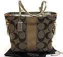 AUTHENTIC COACH SIGNATURE STRIPE SHOULDER TOTE HANDBAG (Khaki/Metallic Gold)
