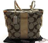 AUTHENTIC COACH SIGNATURE STRIPE SHOULDER TOTE HANDBAG (Khaki/Metallic Gold)