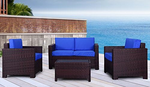 The Eden Rock Collection - 4 Pc Outdoor Rattan Wicker Sofa Sectional Patio Furniture Set. Choice of Set &amp; Cushion Color (Mixed Brown / Dazzling Blue Cushions)
