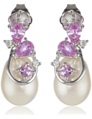 10k White Gold Sapphire, Freshwater Cultured Pearl and Diamond Earrings (0.06 cttw GH, Color, I2-I3 Clarity)