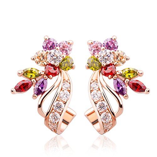BAMOER Gorgeous Flower Design White Gold Plated Multi Color Cubic Zirconia Stud Earrings