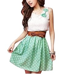 Dots Print Belted Sheer Lace-Up Chiffon Summer Elasticized   Waistline Sleeveless Scoop Neck Mini Dress 