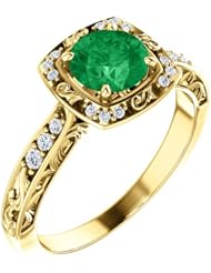 14K Yellow Gold 6.00mm Round Cut Chatham Created Emerald and Diamond Ring -- LIFETIME WARRANTY