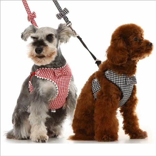 犬用 リボン 千鳥格子 胸あて式 ハーネス リード セット ブラック　5号