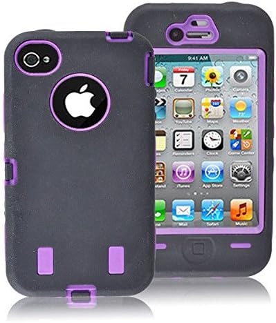 3pc Hybrid Impact Shockproof Case with Built in Screen Protector Mobile Phone Case for Apple Iphone 4 & 4s (BLACK & PURPLE)