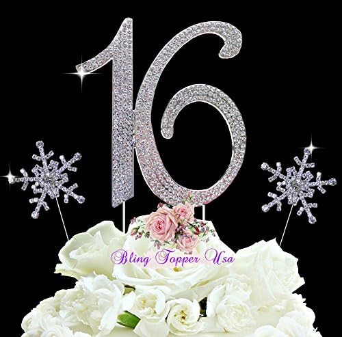 winter wonderland Sweet Sixteen 16 Numbers Silver Bling Cake topper in Rhinestones + snowflake Cake picks