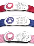 Jewelry Collar Tag - Custom engraved cat or dog pet ID tag that attaches flat to any collar. Paw or Heart design in 3 sizes and 4 colors.