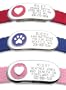 Jewelry Collar Tag - Custom engraved cat or dog pet ID tag that attaches flat to any collar. Paw or Heart design in 3 sizes and 4 colors.