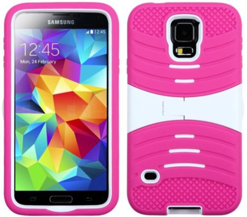myLife Deep Magenta Pink and Bright White - Shockproof Survivor Series (Built in Kickstand + Easy Grip Ridges) 2 Piece + 2 Layer Case for NEW Galaxy S5 (5g) Smartphone By Samsung (Internal Flex Silicone Bumper Gel + Internal 2 Piece Rubberized Fitted Armor Protector + Shock Absorbing Material)