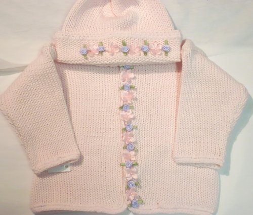 Hand Machine Knitted Finished with Hand Crochet Pink Cotton Infant Girls Cardigan Sweater Hat Set with Satin Rosebuds and Pearl Daisies